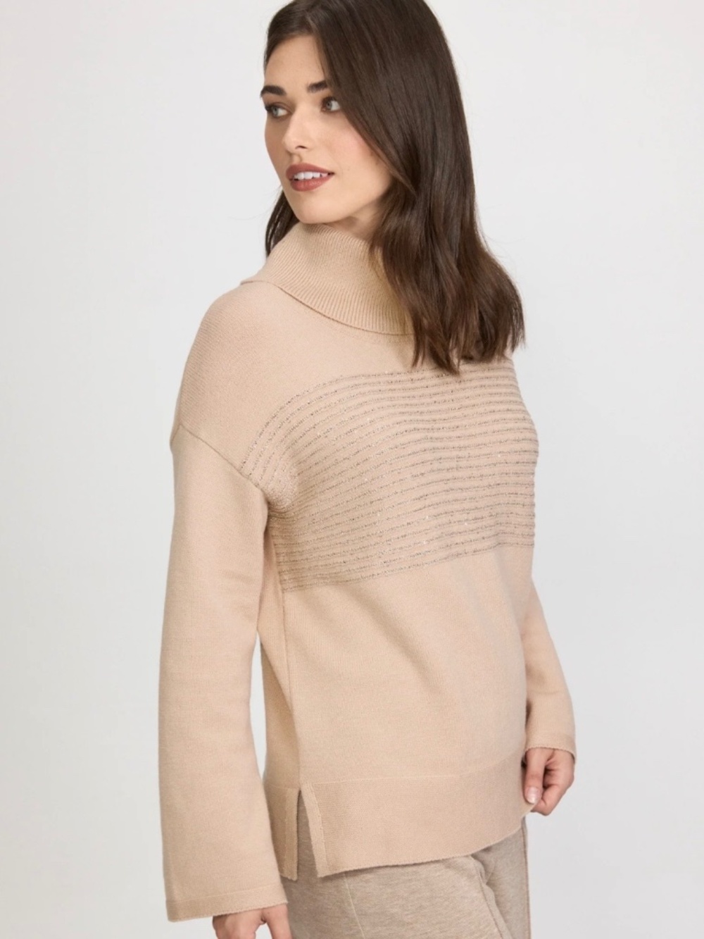 NWOT Laura Soft Pink Sequin Striped Cowl-Neck Boxy Sweater Medium - Picture 2 of 7